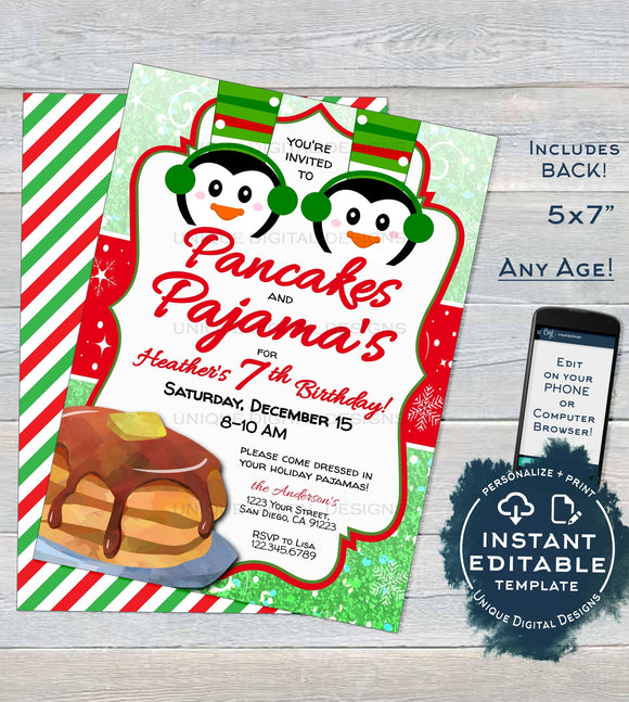 Pancakes and Pajamas Invitation, Christmas Birthday Invite, Editable Kids Pajama Pancake Party, PJs Holiday Printable