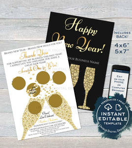 Printable Rodan and Happy New Year Cards Scratch Off, Editable Thank You R F pc appreciation Card, Custom Champagne Gifts