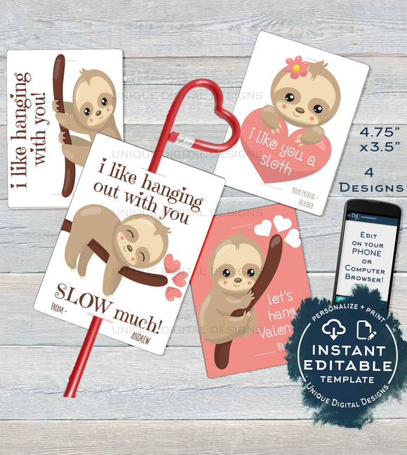 Sloth Valentine Card, Kids Editable Valentines Day Sloth Classroom, I like you a Sloth Favor Tags Printable Custom