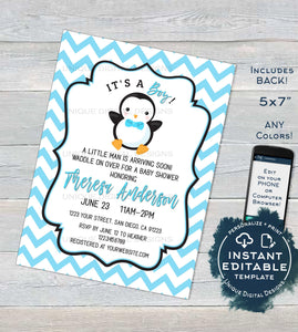 Editable Penguin Baby Shower Invitation, Baby Boy Shower Invite Waddle Over Boys Sprinkle Chevron Printable Custom