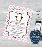 Editable Penguin Baby Shower Invitation, Girls Baby Shower Invite Waddle Over, Sprinkle Chevron Printable Custom