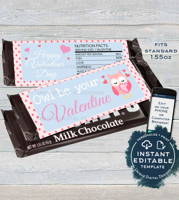 Editable Owl Valentines Day Candy Bar Wrapper, Love Chocolate Bar Owl be yours decoration, Valentine Gift Printable  1.55oz