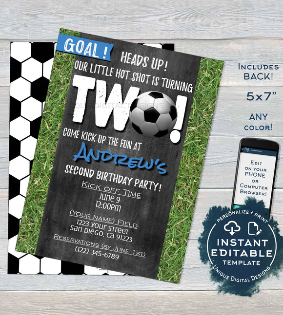 Soccer Birthday Invitation, Editable Boy Second Birthday Invite Score Goal Two Soccer Kickoff Chalkboard  Printable