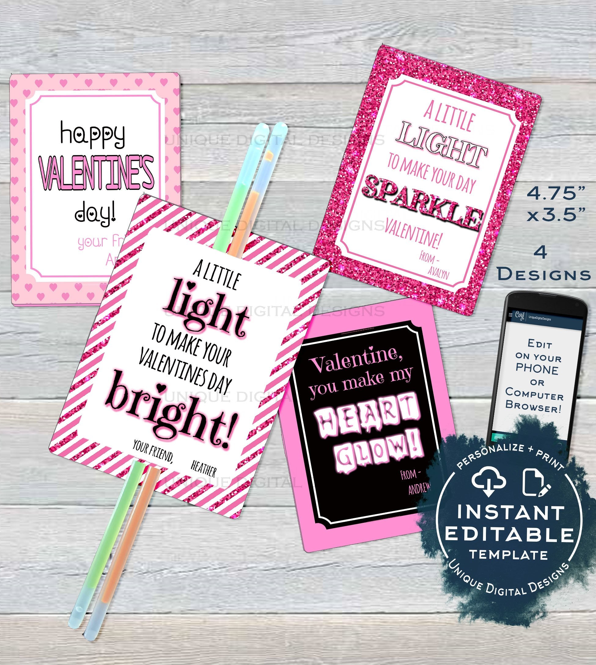 Editable Valentine Card, Glow Stick Favor Tags, Kids Valentines Cards editable-valentine-card-glow-stick-favor-tags-kids-valentines-cards