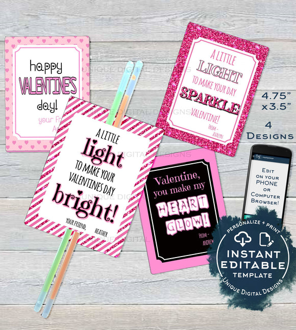 Editable Valentine Card, Glow Stick Favor Tags, Kids Valentines Cards Classroom, Valentines Day Printable Custom
