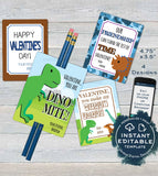 Dinosaur Valentine Cards, Pencil Favor Tag, Editable Boys Valentine Card Classroom Valentines Day Printable Custom