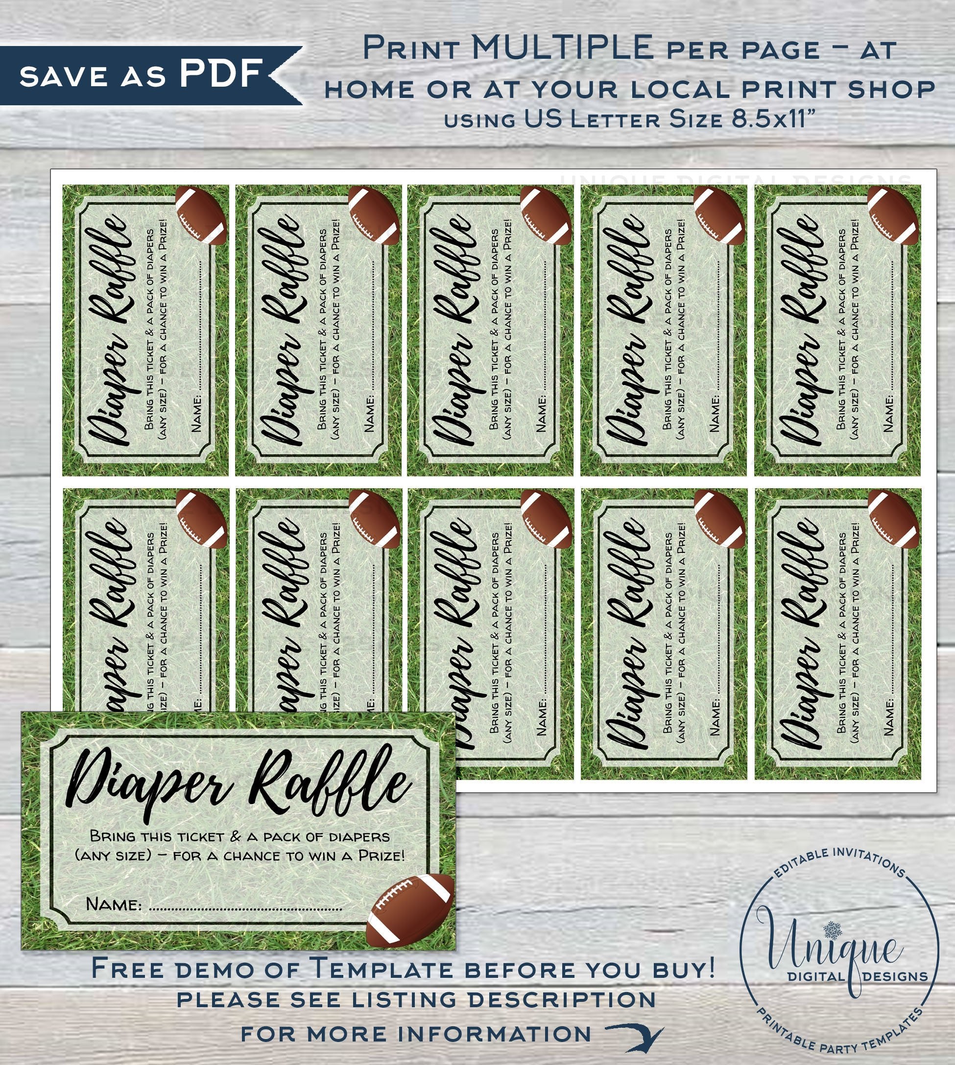Football Raffle Books Football Baby Shower Invitation KIT, Editable Diaper Raffle Book for B