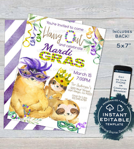 Sloth Mardis Gras Invitation, Editable Fat Tuesday Invite, Slow Down Hang Out Sloth Party, Custom Adult Printable