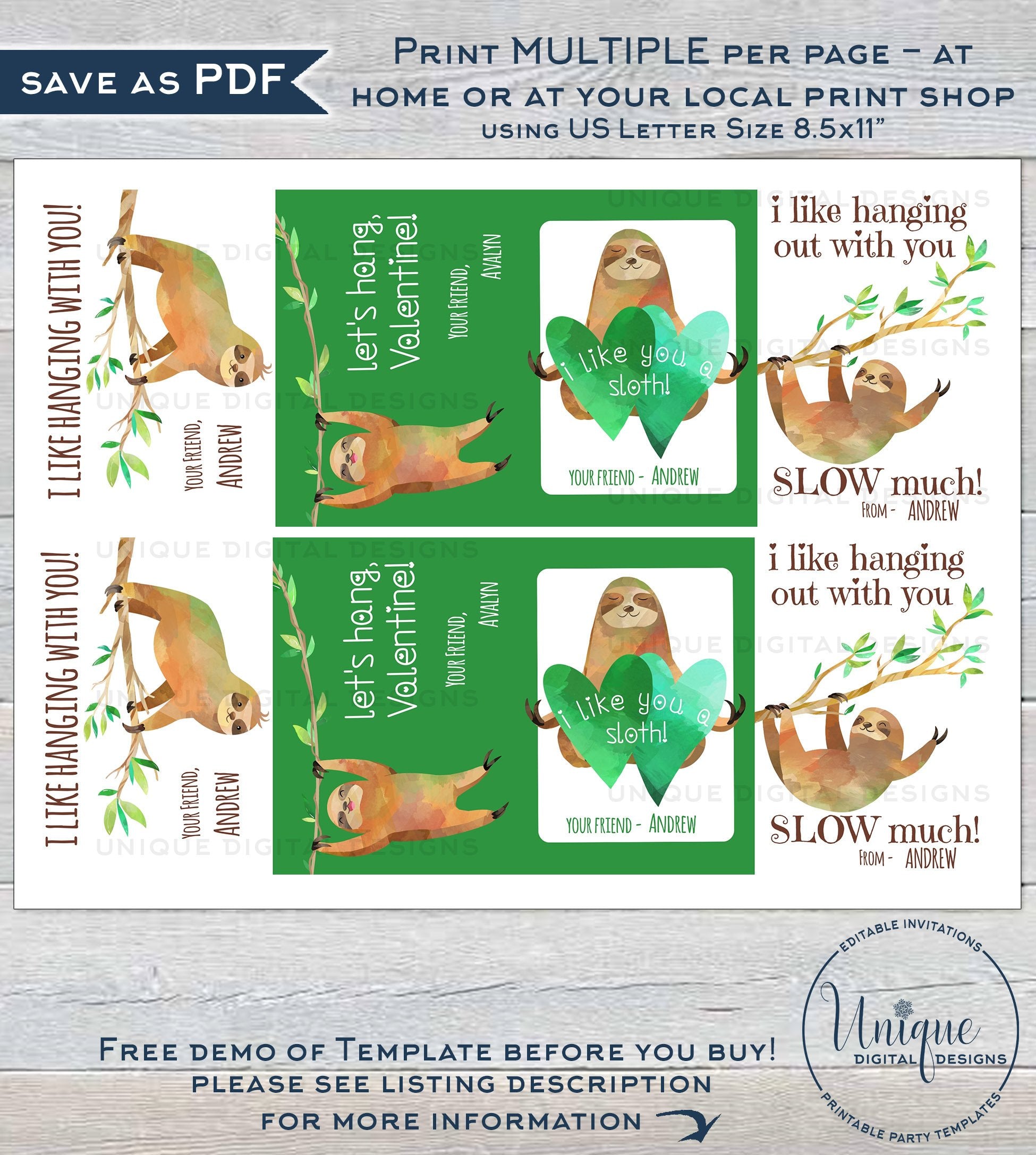 Sloth Printable Valentine's Day Cards for Students Class Exchange