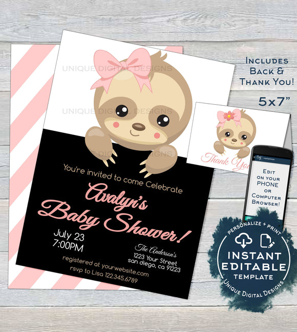 Sloth Baby Shower Invitation, Editable Girls Sloth Baby Shower Invite, Slow Down Baby Sloth, Custom Printable