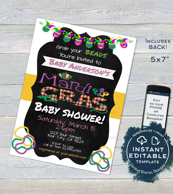 Mardis Gras Baby Shower Invitation, Editable Fat Tuesday Invite, Boy or Girl Baby Shower Party, Beads DIY Custom Printable