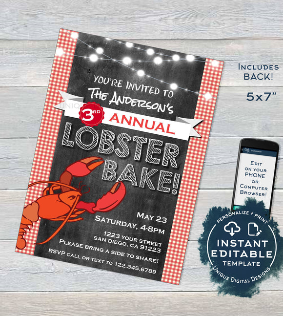 Lobster Bake Invitation, Editable Lobster Boil Invite, Beers and Boil Birthday, Lobster Fest bbq diy Printable Personalized