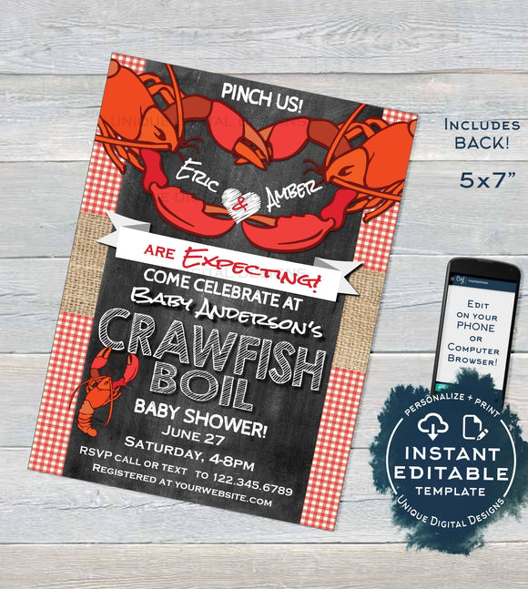 Crawfish Boil Invitation, Editable Crawfish Baby Shower Party Grill, Pinch Us Lobster Bake, Little Snapper diy Personalized