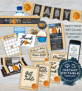 Basketball Baby Shower Invitation KIT, Diaper Raffle Books Baby Boy, Editable Slam Dunk Party Chalkboard Printable