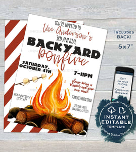 Bonfire Invitation, Editable Bonfire Party Invitation, Backyard Bonfire Invite, Neighborhood Camping Smores Fall Party,