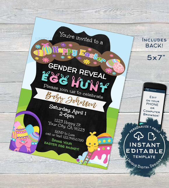 Easter Gender Reveal Invitation, Editable Easter Egg Hunt Baby Invite Baby Shower Hoppy Easter Personalize Custom Printable