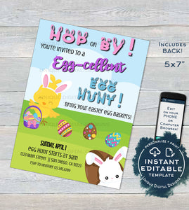 Easter Egg Hunt Invitation, Editable Easter Egg Invite,  Spring Spring Eggcellent Egg-cellent Party, Bunny School PTA pto Printable