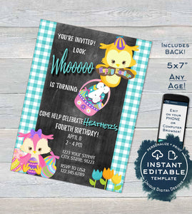 Editable Easter Birthday Party Invitation, Look Whooo is turning Any Age Easter Egg Hunt, Owl Party Invite Printable Custom