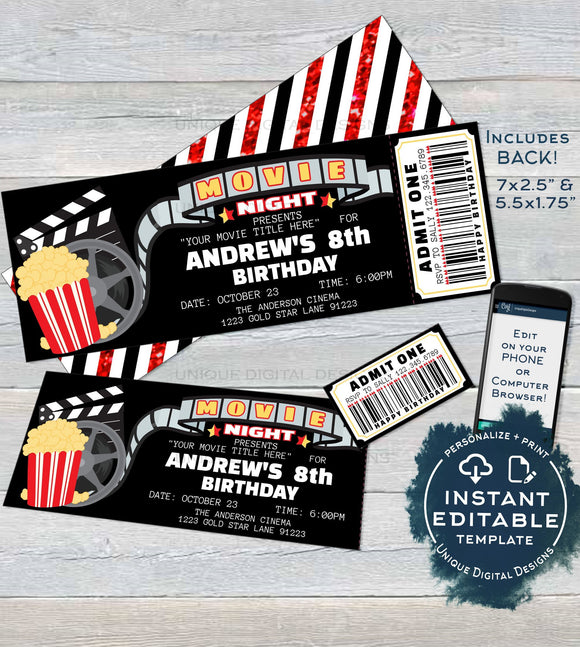 Movie Night Invitation, Movie Birthday Party Invite, Cinema Editable Movie Night Ticket Invites, Custom Printable