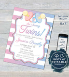 Twins Baby Shower Invitation, Editable Twin Girl Boy Baby Shower, Twin Babies Blue Pink Pacifier, Printable  Custom