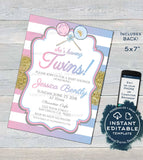 Twins Baby Shower Invitation, Editable Twin Girl Boy Baby Shower, 2 Babies Blue Pink Glitter Personalized Printable Custom