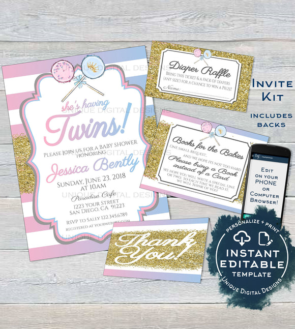 Twins Baby Shower Invitation KIT, Editable Diaper Raffle Books for Baby Insert Glitter Twin Boy and Girl Baby Shower Invite
