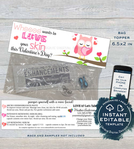 Valentine's Day Sample Bags Topper, Rodan and Skincare, Love your Skin, Owl Editable Product Instruction Card r f Printable