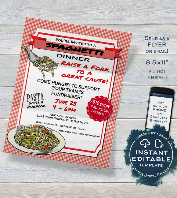Spaghetti Dinner Fundraiser FLYER Invitation, School Editable Fundraiser All you can eat Pasta pta flyer  Printable