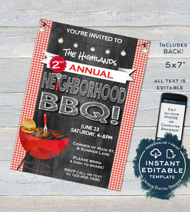 Neighborhood BBQ Invitation, Editable Backyard Summer Block Party Grill Out, hoa Community Street Party Printable