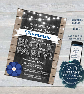 Block Party Invitation, Editable Street Party Neighborhood Summer Kick-off Invite, Backyard BBQ Rustic Printable Chalkboard