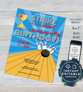 Bowling Birthday Invitation, Editable Bowling Party Strike up some Fun Invite, ANY Age Bowling Ball diy  Printable