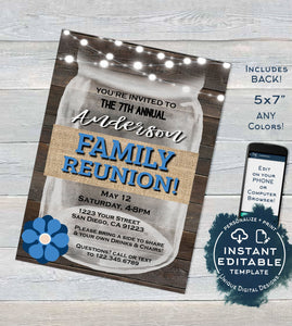 Family Reunion Invitation, Editable Annual Summer Kick-off, Backyard Family BBQ Party, Gathering Rustic Mason Jar Printable