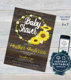 Sunflower Baby Shower Invitation, Editable Rustic Sunflower Invite, Rustic Baby Girl Boy Sunflower Theme, Printable Custom