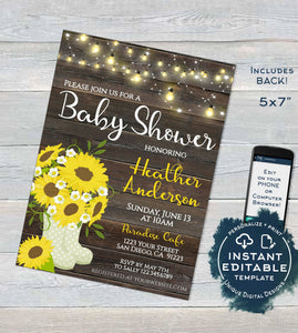 Rustic Sunflower Baby Shower Invitation Sunflower Invite Rustic Baby Girl Boy Sunflower Theme  Printable Custom