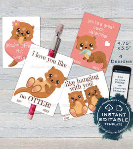 Otter Valentine Card, Kids Editable Valentines Day Otter Classroom, I love you like no Otter Favor Tags, Printable