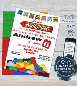 Block Party Invitation, Editable Boys Block Building Birthday Invite, Important Party Piece, ANY Age, Custom Printable