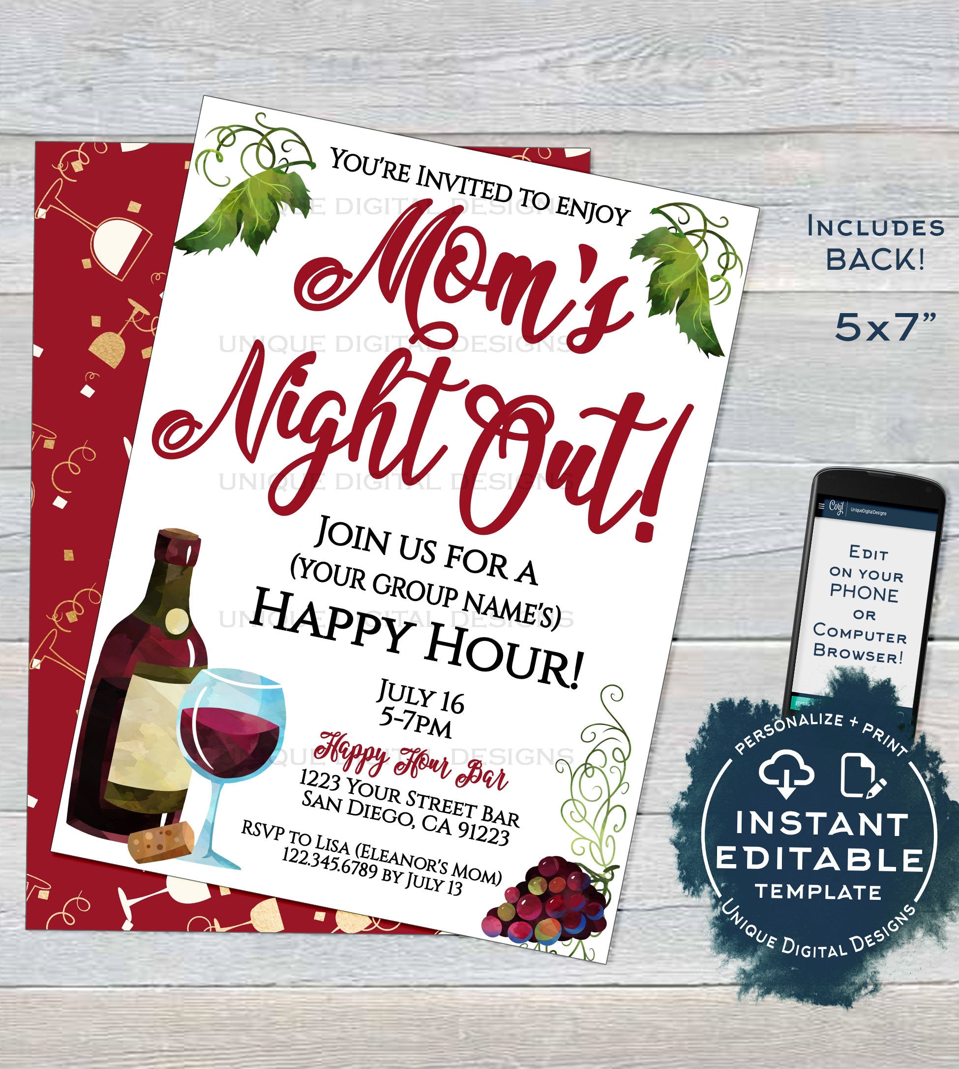 Editable Girl's Night Out Invitation, Cocktail Party Invite, Moms Nigh