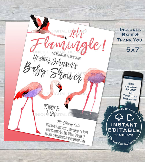 Let's Flamingle Baby Shower Invitation, Editable Girl Baby Sprinkle Invite Pink Flamingo Baby Shower Printable