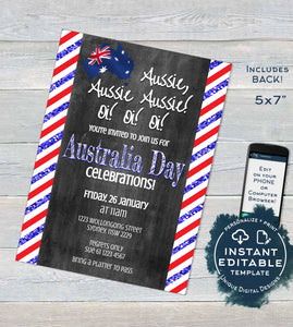 Australia Day Invitation, Editable Aussie Invite Aussie Oi 26 January Flag Summer Party, Chalkboard Personalized bbq   A4