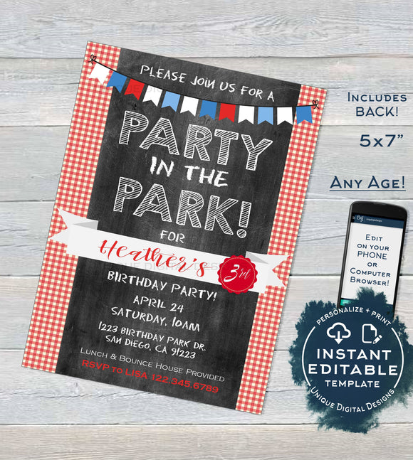 Park Birthday Party Invitation, Editable BBQ Picnic Party in the Park Party Invite, Playground Any Age Printable Custom
