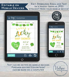 St Patricks Day Baby Shower Invitation, Editable Lucky Baby Party Invite, Lucky in Love Baby, Green Gold Printable Custom