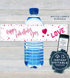Editable Valentine Water Label Bottle Wrap, Happy Valentines Day Party Printable, Pink Glitter Hearts ,Custom Personalize