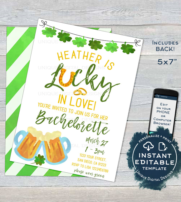 St Patrick's Day Bachelorette Invitation, Editable Lucky in Love Wedding Party Invite, Lucky Green Beer Custom Printable INSTANT DOWNLOAD