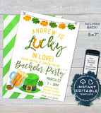 St Patrick's Day Bachelor Invitation, Guys Editable Lucky in Love Wedding Party Invite, Lucky Green Beer Custom Printable
