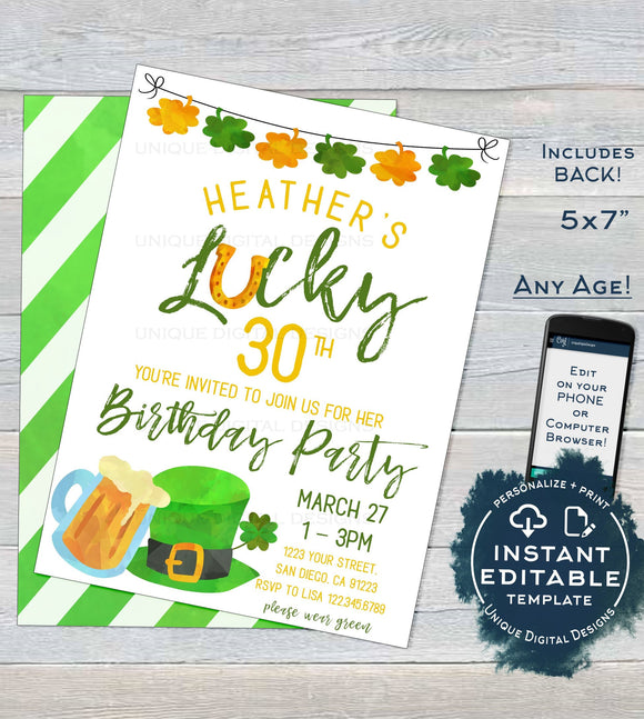 St Patrick's Day Birthday Invitation, Editable Dirty 30 Adult Birthday Party Invite, Lucky Green Beer Custom diy Printable