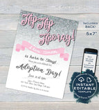Adoption Day Invitation, Editable Mothers Day New Family Invite, Hip Hip Hooray, Silver Glitter  Printable Custom