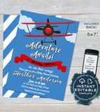 Airplane Baby Shower Invitation , Editable Airplane Boy Baby Shower Invite, Baby Adventure Awaits Printable Custom