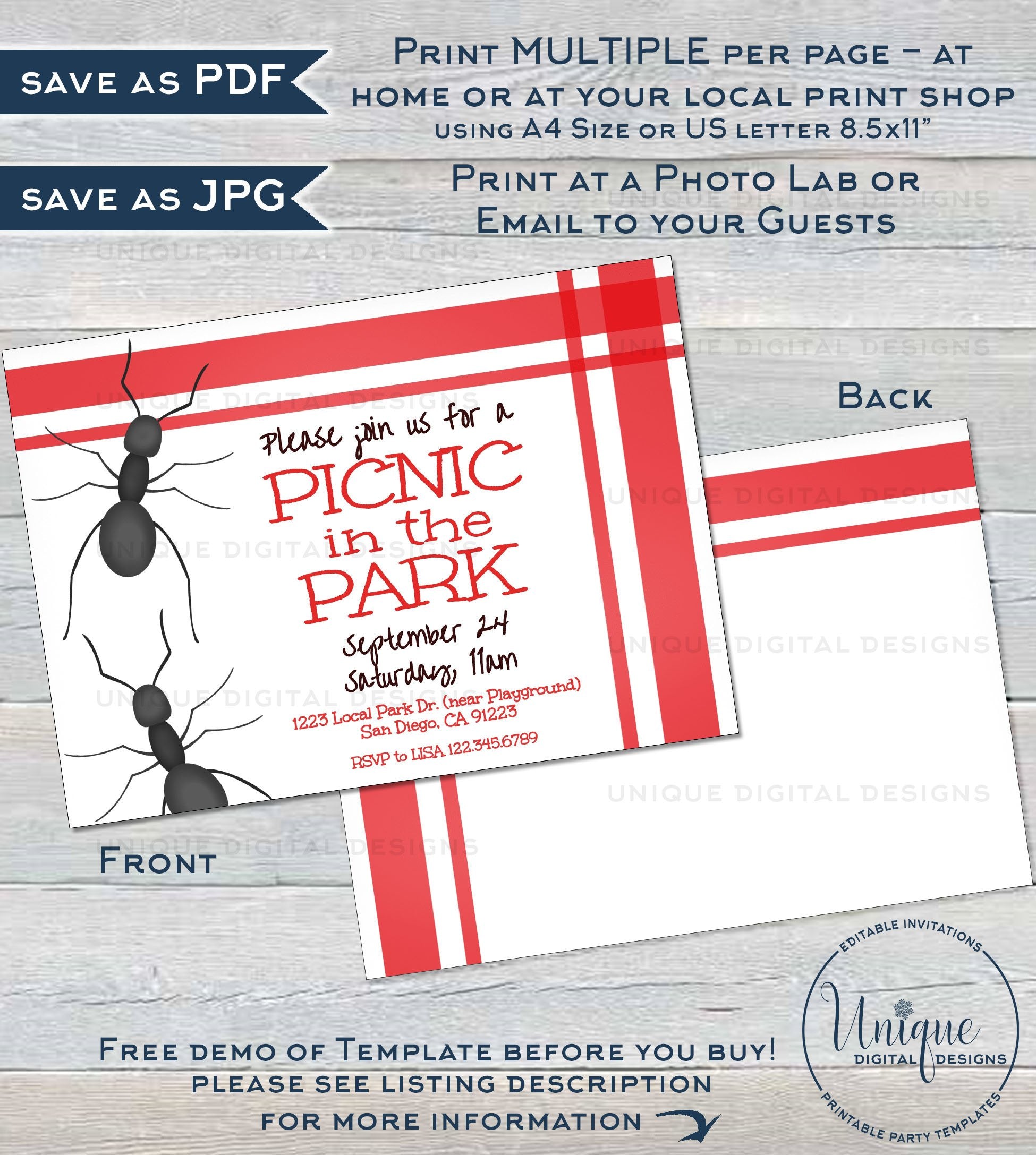 Park Birthday Party Invitation, Editable Picnic Party in the Park, Ant park-birthday-party-invitation-editable-picnic-party-in-the-park-ant