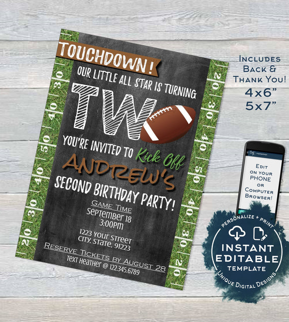 Football Birthday Invitation, Second Birthday Invite, Touchdown Two Footy Chalkboard  Custom Printable INSTANT Self EDITABLE  4x6