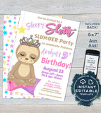 Cute Sloth Slumber Party Invitation, Editable Sloth Sleepover Invite, Sloth Sleep over Birthday Princess, ANY Age Printable